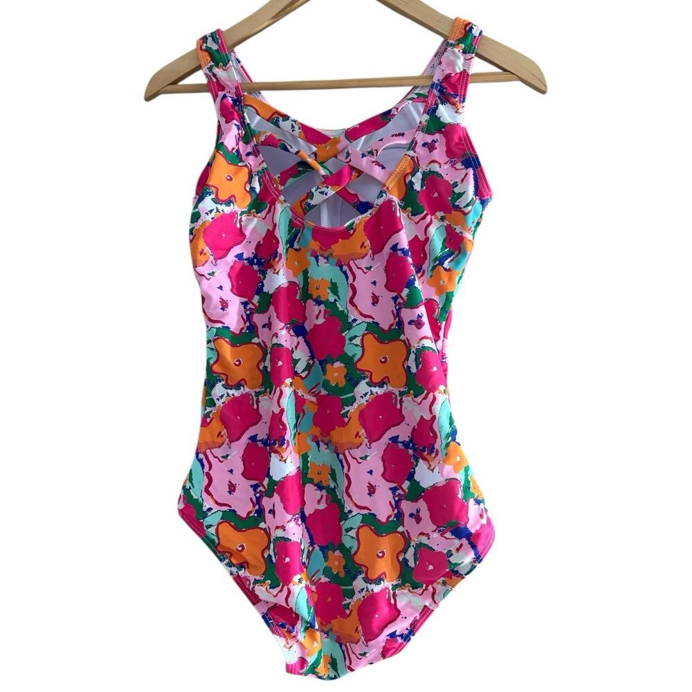 NWOT Pink Abstract Floral One Piece Swimsuit Women’s Size Medium Padded - Picture 2 of 5